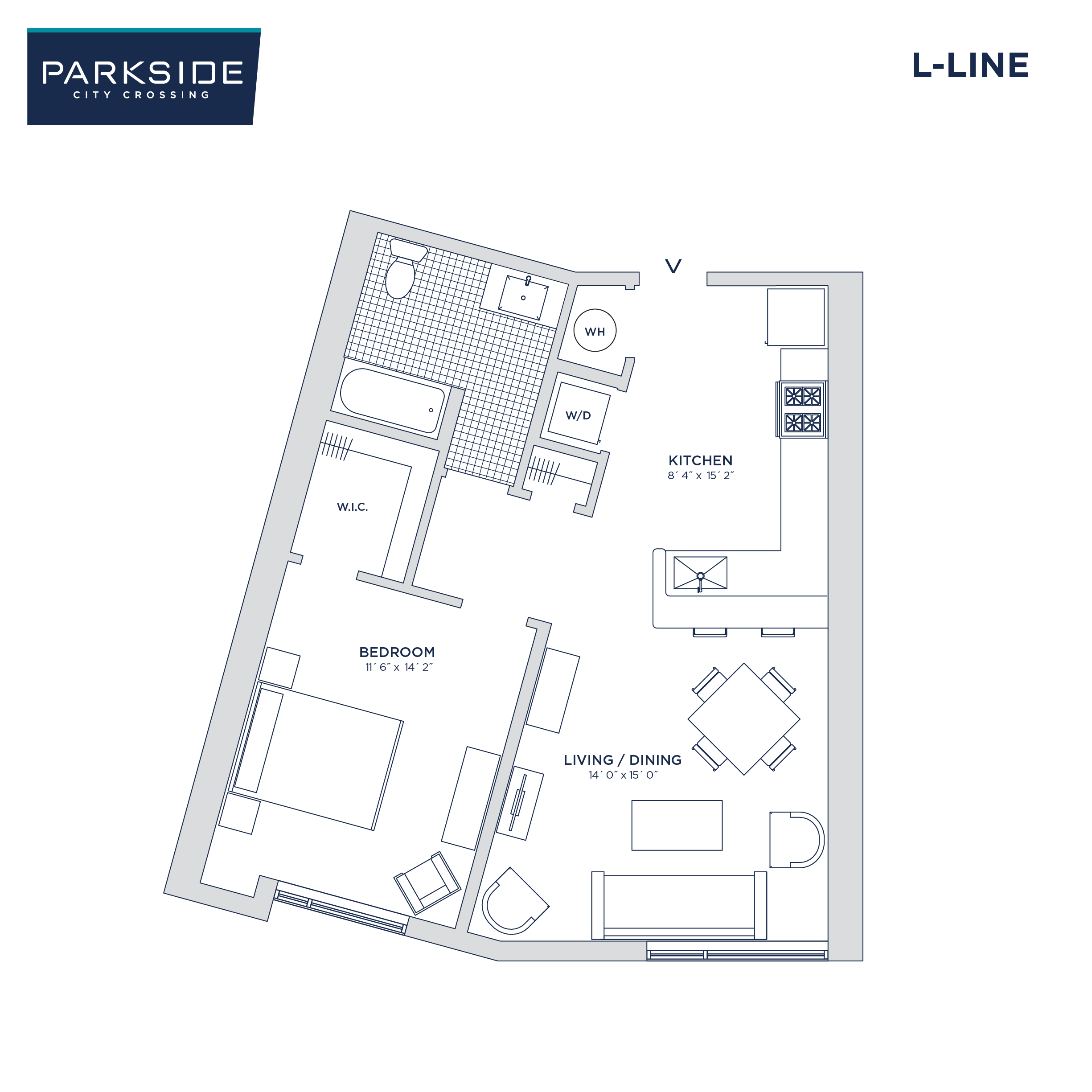 Floor plan for 1 bed, 1 bath, 696 sqft